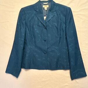 Talbots Blue Silk Blend Blazer Women’s Size 14 DamaskTextured 3 Button Jacket NW